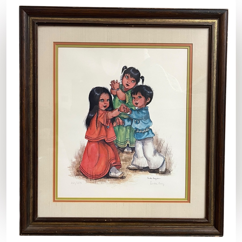 LINDA AVEY “The Dance” 1977 Native American Kids Signed Lithograph Framed Matted